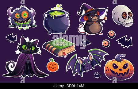 Lustige und gruselige Halloween-Aufkleber im Cartoon-Stil. Enthält Geister, Fledermäuse, Kürbisse und mehr in einem verspielten Illustrationsstil. Stock Vektor