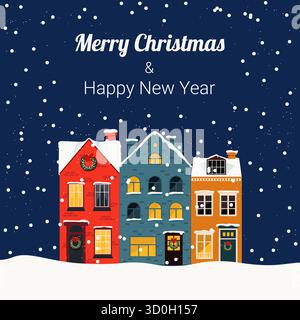 Ein froher Weihnachtspost mit illustrierten Häusern, Schneeflocken und festlicher Dekoration, perfekt für Karten. Stock Vektor