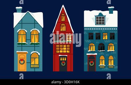 Eine Reihe gemütlicher Winterhäuser mit schneebedeckten Fenstern, ideal für saisonale und Urlaubsdesigns. Stock Vektor