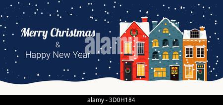 Flache Winterfahne mit schneebedeckten Häusern und Grußtext für Weihnachten und Neujahrsfeiern. Stock Vektor
