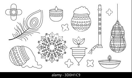 Schwarz-weiße Umrissabbildungen von Janmashtami-Symbolen zum Ausmalen und Design Stock Vektor