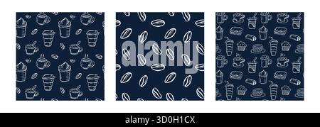 Set aus nahtlosen Kaffeekritzelmustern einschließlich Tassen, Tassen, Bohnen und Desserts Stock Vektor