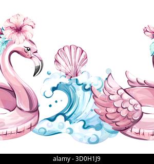 Lebendige Hintergrundtapete mit nahtlosem Muster für den Sommer mit rosa Flamingowagen, Meereswellen und Muscheln, perfekt für Strandfeiern Stock Vektor