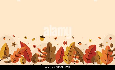 Herbstlaub Hintergrund mit Kopierraum mit bunten Herbstblättern, Eicheln und Blumen entlang der unteren Grenze, ideal für Thanksgiving. Stock Vektor