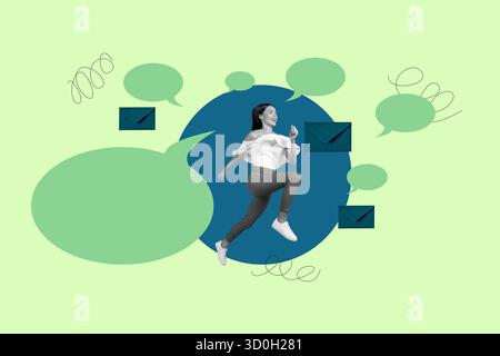 Collage von Personen, die über Geräte chatten, mit Sprechblasen Briefen, die das Konzept der digitalen Kommunikation im geschäftlichen Privatleben zeigen Stockfoto