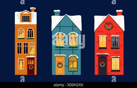 Eine Reihe von Winterthemen-Häusern mit verschneiten Dächern, dekoriert für Weihnachten, perfekt für Urlaubsmotive. Stock Vektor