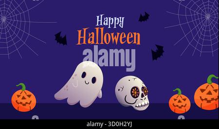 Ein Halloween-Banner mit niedlichen Geistern, Kürbissen und Fledermäusen auf einem dunkelvioletten Hintergrund mit verspielter gruseliger Atmosphäre. Stock Vektor
