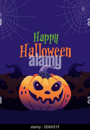 Poster-Design mit gruseligen Halloween-Charakteren im Cartoon-Stil. Ideal für Partyeinladungen und saisonale Dekoration. Stock Vektor