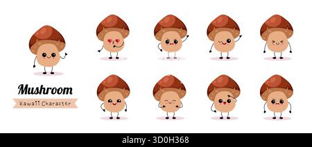 Sammlung von Cartoon-Pilzen mit verschiedenen Gesichtsausdrücken und -Posen Stock Vektor