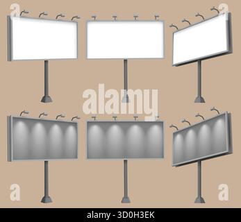Realistischer Vektorsatz von leeren Außenwerbetafeln in verschiedenen Winkeln und beleuchtungszuständen. Perfekt für Werbemockups und Präsentationen Stock Vektor