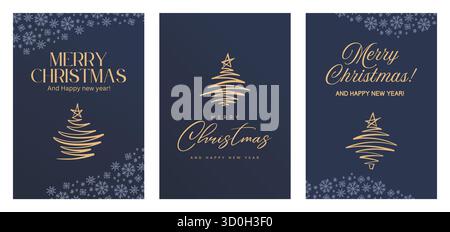 Moderne Karteikarte „Merry Christmas Modern“, Posterschablone zur Weihnachtsfeier, handgezeichnete Buchstaben und Illustrationen in Gold und Blau Stock Vektor