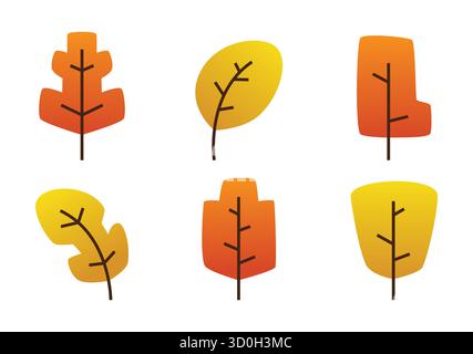 Set aus sechs stilisierten Herbstblättern in warmen Orange- und Gelbverläufen auf verschiedenen abstrakten Formen, perfekt für digitale Dekorationen und Erntefeste. Stock Vektor