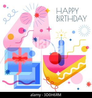 Happy Birthday Grußkarte mit einem Stück Kirschkuchen, Kerze, Geschenkbox, Champagner. Geometrische Darstellung des Vektors der Draufsicht. Designelemente für Urlaub Stock Vektor