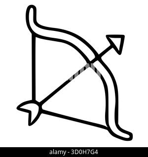 Eine einfache schwarze Umrissvektor-Illustration von Bogen und Pfeil, isoliert auf weißem Hintergrund, symbolisiert Bogenschießen und Präzision. Stock Vektor