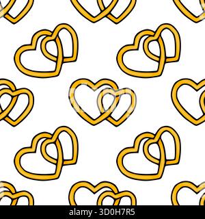 Nahtloses Vektormuster aus ineinander verflochtenen goldenen Herzkonturen mit dezentem Verlauf und schwarzem Rand, perfekt für romantische Hintergründe. Stock Vektor