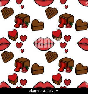 Nahtloses Vektormuster von romantischen Valentinstag-Elementen mit Schokoladenherzen, üppigen roten Lippen und saftigen Erdbeeren auf einem weißen Hintergrund Stock Vektor