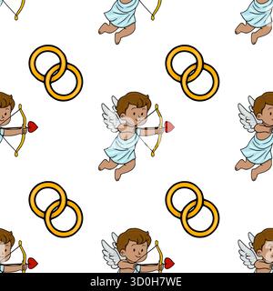 Nahtloses Vektormuster eines niedlichen Amuletts, das einen Pfeil mit einem Herz auf ein Paar goldene Eheringe zielt, perfekt für Valentinstag und romantisches Thema Stock Vektor