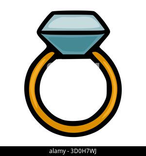 Eine stilisierte Vektor-Illustration eines Diamantrings mit einem goldenen Band und einem blassblauen Edelstein, perfekt für Urlaubs- oder Angebotsthemen. Stock Vektor