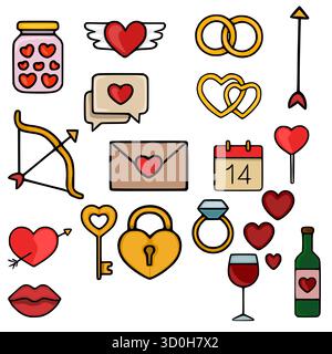 Eine bezaubernde Vektorsammlung von Valentinstag-Ikonen, mit Herzen, Ringen, Bogen und Pfeil, Schlüssel, Schloss, Lippen, Glas, ein Kalender, ein Weinglas, Stock Vektor