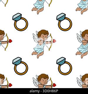 Nahtloses Vektormuster mit einem charmanten Amulett, der auf Bogen und Pfeil zielt, begleitet von romantischen Verlobungsringen, perfekt für Valentinstag Stock Vektor