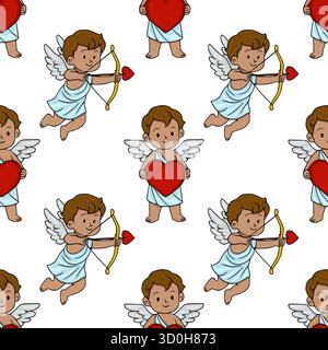 Bezauberndes nahtloses Vektormuster mit verschiedenen Cupiden mit Bögen, Pfeilen und Herzen, die den Valentinstag mit Freude und verspielter Romantik feiern. Stock Vektor