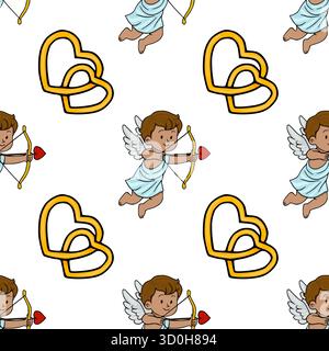 Bezauberndes Vektormuster mit einem verspielten Amulett mit Bogen und Pfeil und ineinander verflochtenen goldenen Herzen, perfekt für Valentinstag und romantische Themen. Stock Vektor