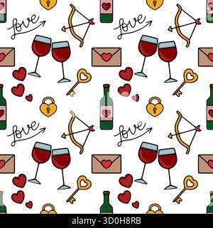 Ein bezauberndes, nahtloses Vektor-Muster mit romantischen Valentinstag-Symbolen wie Liebesskript, Weingläser, Herzen, Cupidenbogen, Schlüssel, Love Locks, e Stock Vektor