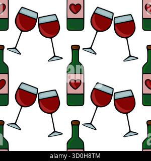 Nahtloses Vektormuster mit klirrenden Weingläsern und Flaschen mit Herzetiketten, die Romantik und Toast feiern. Stock Vektor