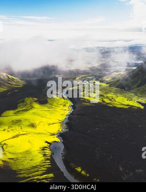 Aus der Vogelperspektive pulsierende grüne Hügel, die auf krasser schwarzer vulkanischer Erde treffen, geteilt durch einen sich windenden Fluss unter einem nebeligen Himmel, F232, Skaftárhreppur, Island. Stockfoto