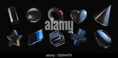 Symbole für 3D-Glas. Abstrakte Sternform, Herz und Schild, Blumenverlaufselemente. Transparente y2k-Glanzobjekte. Würfel, holographische Kugel und Kristallring. Design der UI-Schaltflächen. Vektor-isolierte Abbildung Stock Vektor