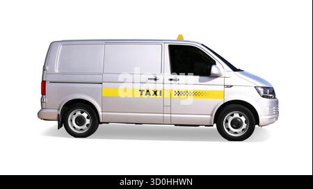 Taxiwagen mit Logo und Top-Schild isoliert auf weiß, Seitenansicht Stockfoto