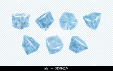 3D Eis. Kristallwürfel, transparenter Spritzblock oder weißes gefrorenes Wasserquadrat für Getränke und frischen Cocktail, kaltblauer Frost Formen verschiedene Seitenansichten. Realistische isolierte Elemente. Vektorsymbole Stock Vektor