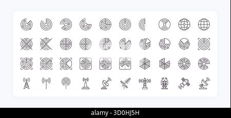 Radarsymbole. Reichweite militärischer Kreis-Scan. Sonar-Satellitenerkennung. Scanner-Fokussignal. GPS-Navigation. Antennenturm-Sender. Ziel-Fadenkreuz. Funkorterkennung. Vektorliniensymbole festgelegt Stock Vektor