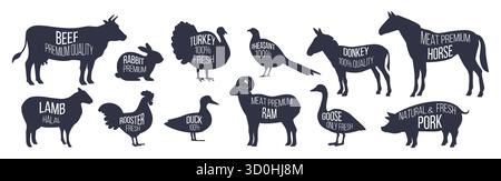 Symbole für Metzgereien. Haustierfleisch. Schwarze Vintage-Silhouetten von Huhn, Ziege und Kuh. Metzger Viehfabrik. Geflügelform. Rindfleisch- und Schweinefleisch anbauen. Säugetiere in der Zucht. Schweinegrillen. Vektor-Logo festgelegt Stock Vektor
