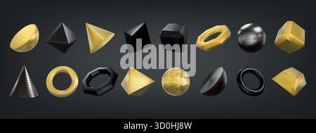 3D Gold-Elemente. Goldene Kugelform, abstrakte geometrische Darstellung oder realistische Kugelstahlfiguren. Partikel aus digitaler Kegelperspektive. Moderne Design-Ikonen. Isolierte Vektormenge für minimale Objekte Stock Vektor
