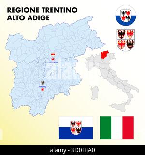 Trentino Südtirol, Italien, Regionalkarte und Symbole der Region und Städte, Vektorillustration Stock Vektor