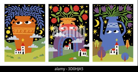 Nordische Poster. Abstrakte organische Formen. Saldo Sonntag Kritzele nach Hause und Bogen für das Kinderzimmer. Grafik mit Ausschnitt für Kinder. Böhmische Broschüre. Moderne Landschaft. Blumenvase. Vektor psychedelische Design Karten Set Stock Vektor