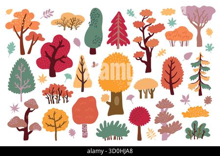 Herbstbusch. Herbst Wald Garten, Ahornorange Blätter und Park Gold Season Stammbüsche Set. Gelbes Naturblatt, Holz Gras Laub Landschaft Elemente. Vektor-Cartoon flache Art isolierte Illustration Stock Vektor