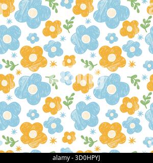 Nahtloses Blumenmuster. Handgezeichnetes Buntstift-Ornament mit gelben blauen Blumen auf weißem Hintergrund. Primitive strukturierte quadratische Zeichnung Kritzelei. Vektor krank Stock Vektor