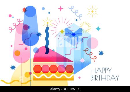 Vektor-geometrische Illustration des Stücks rosa Kuchen mit Kerze, Geschenkbox, Champagner. Designelemente für Geburtstagsgrußkarte, Feiertagsmodell Stock Vektor