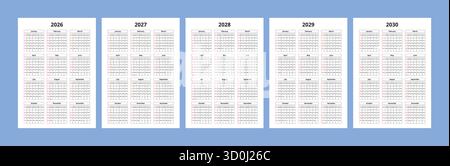 2026 bis 2030 Wandkalender-Vektorsatz in minimalistischem Layout, fünf Jahre druckbare Kalendervorlage für Büro-, Geschäfts- oder persönliche Planung Stock Vektor