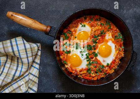 Shakshuka in der Pfanne zum Frühstück, Nahaufnahme. Hausgemachte Shakshuka aus Spiegeleiern, Zwiebeln, Paprika, roten Tomaten und Petersilie in einer gusseisernen Pfanne Stockfoto