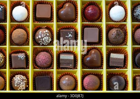 Verschiedene Gourmet-Pralinen in einer gelben Schachtel, ordentlich angeordnet. Stockfoto