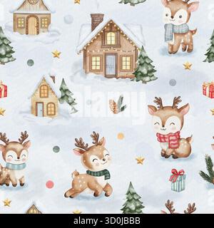 Nahtloses Aquarellmuster mit niedlichen Rentieren, schneebedeckten Bäumen und gemütlichen Holzhäusern, die vor warmem Licht leuchten. Winterurlaub-Design im charmanten Kinderstil Stockfoto