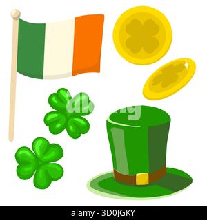 Satz von Vektorillustrationen für St. Patrick's Day, irische Kultur, irische Flagge, Glücksmünze, Leprechaun Hut, klee Stock Vektor