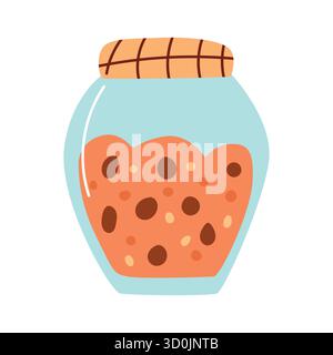 Glasbehälter mit Orangenmarmelade mit sichtbaren Fruchtstücken auf weißem Hintergrund. Stock Vektor