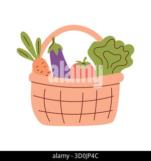 Ein gewebter Korb gefüllt mit frischem Gemüse, einschließlich Karotte, Aubergine, Tomate und Salat. Die Szene betont gesunde Ernährung und Bio-Produkte Stock Vektor