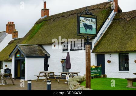Das Black Bull Public House. Der einzige Pub mit Strohdach in Northumberland. Etal, Northumberland, England Stockfoto