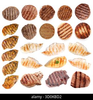 Leckeres gegrilltes Fleisch isoliert auf weiß, Set Stockfoto