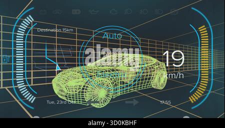 Das neongrüne Drahtmodell des Fahrzeugs ist im 3D-Raster zentriert und mit UI-Überlagerungen versehen Stockfoto